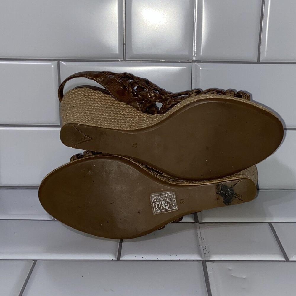 Prada Sandals Wedge Platform Brown Leather Ankle-Strap Woven Women's Size 37 7 - Picture 7 of 9